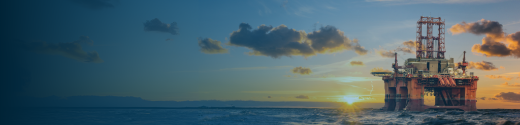 Offshore oil and gas platform in Denmark at sunset, representing the Danish oil, gas and CO2 storage industry.