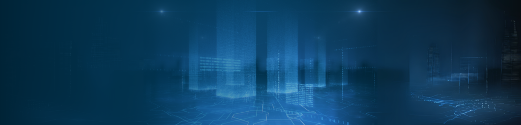 Finland data center digital skyline in NP blue tones — representing technology and construction growth