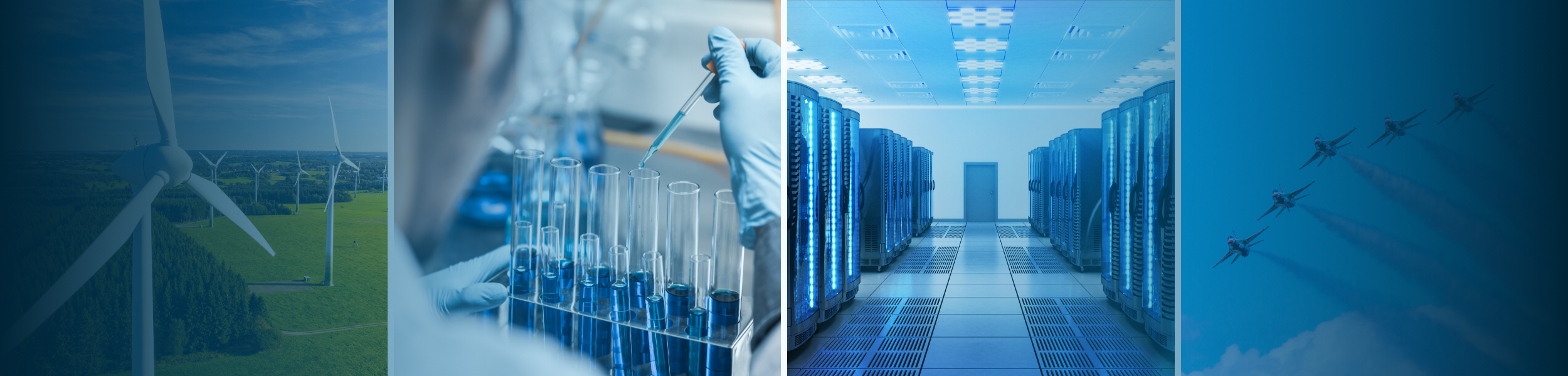 Wind turbines, laboratory work, data center servers, and fighter jets representing Denmark’s energy, life science, data, and defence sectors.