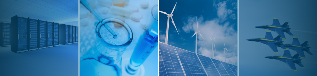 Collage showing data center racks, laboratory equipment in life science, wind turbines with solar panels, and military aircraft, representing Norway’s Q4 2025 activity in Data Centers, Life Science & Pharma, Energy, and Defence.