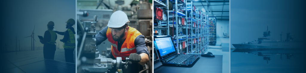 Swedish industrial sectors – renewable energy, advanced manufacturing, data centers, and defence infrastructure showcased in four vertical images