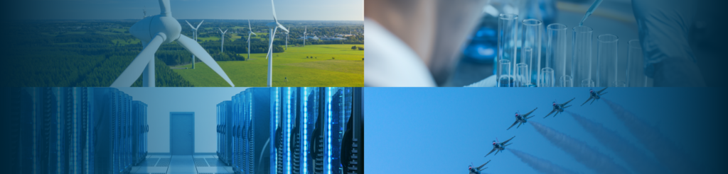 Collage showing wind energy, life science laboratory work, data center infrastructure and defence aircraft in Denmark