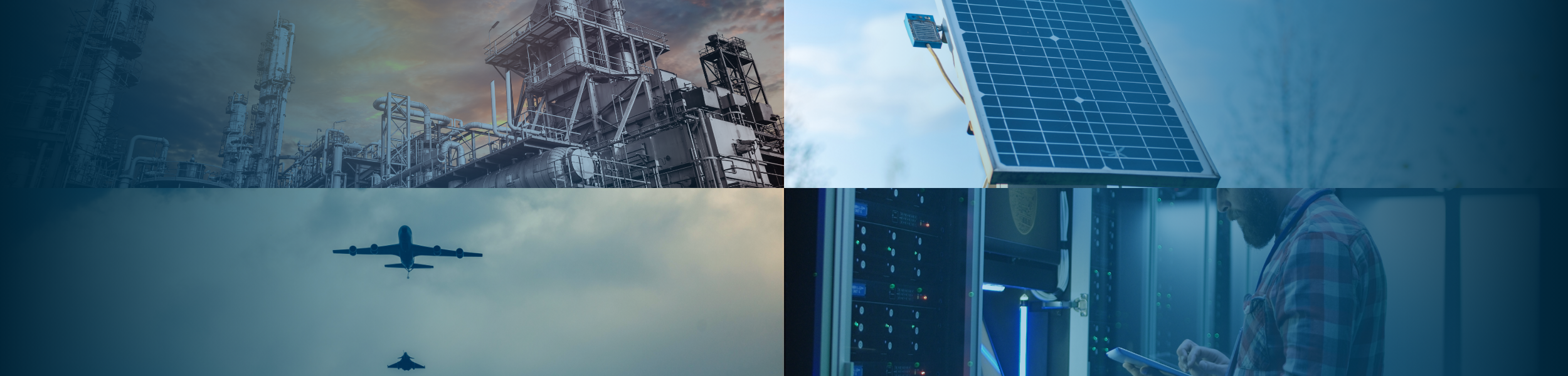 Collage showing industrial energy infrastructure, renewable energy, aviation defence and data center operations in Finland