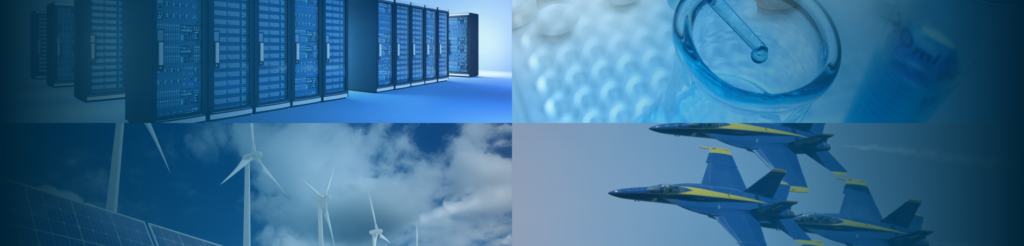 Collage showing data center servers, laboratory testing, wind energy infrastructure and Norwegian defence aircraft